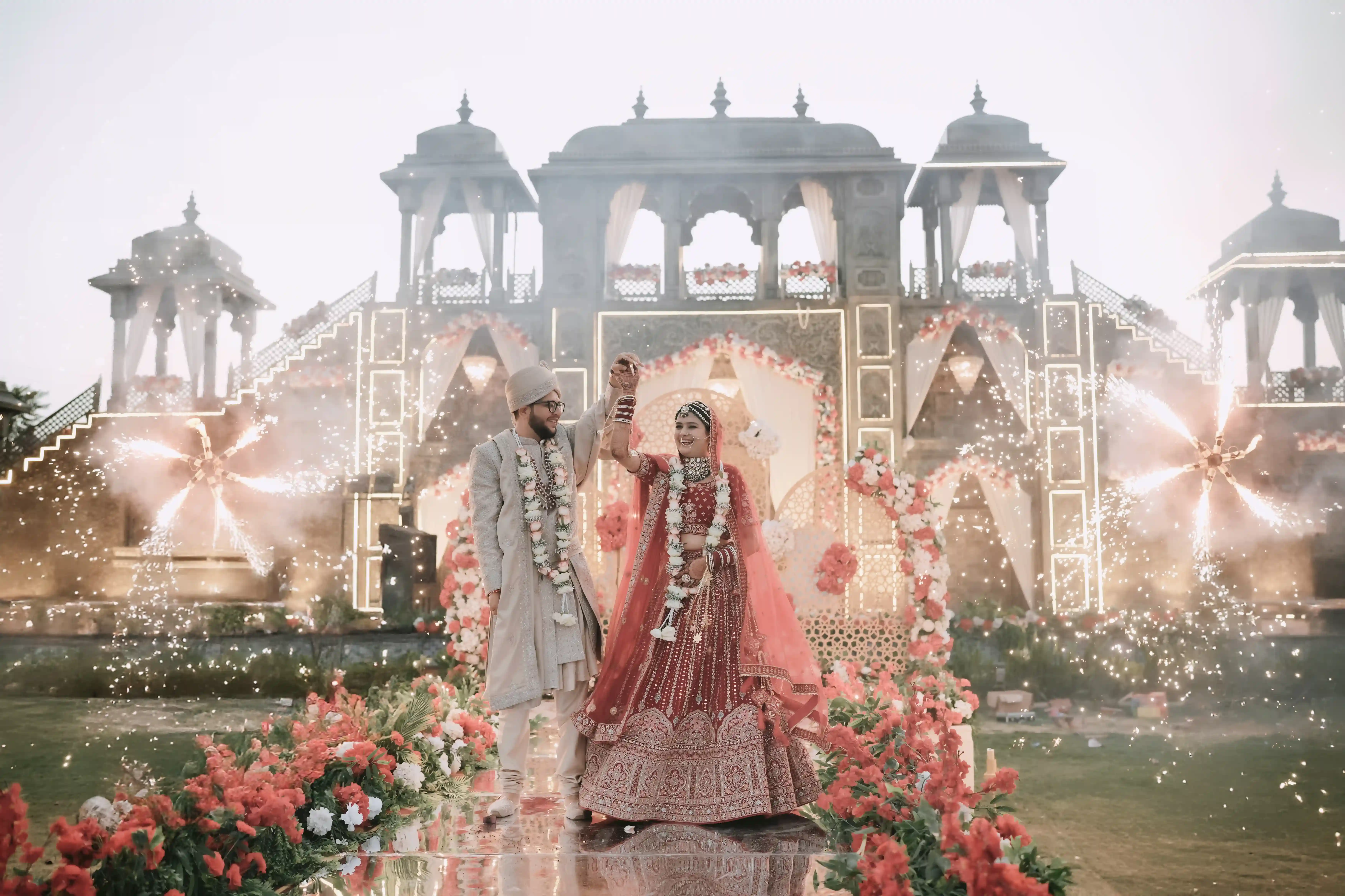 A cinematic wedding shot capturing the couple’s first look moment